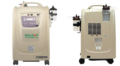 Oxymed Oxygen Concentrator 10 Liter Dual flow beige medical device with control panel and humidifier bottles