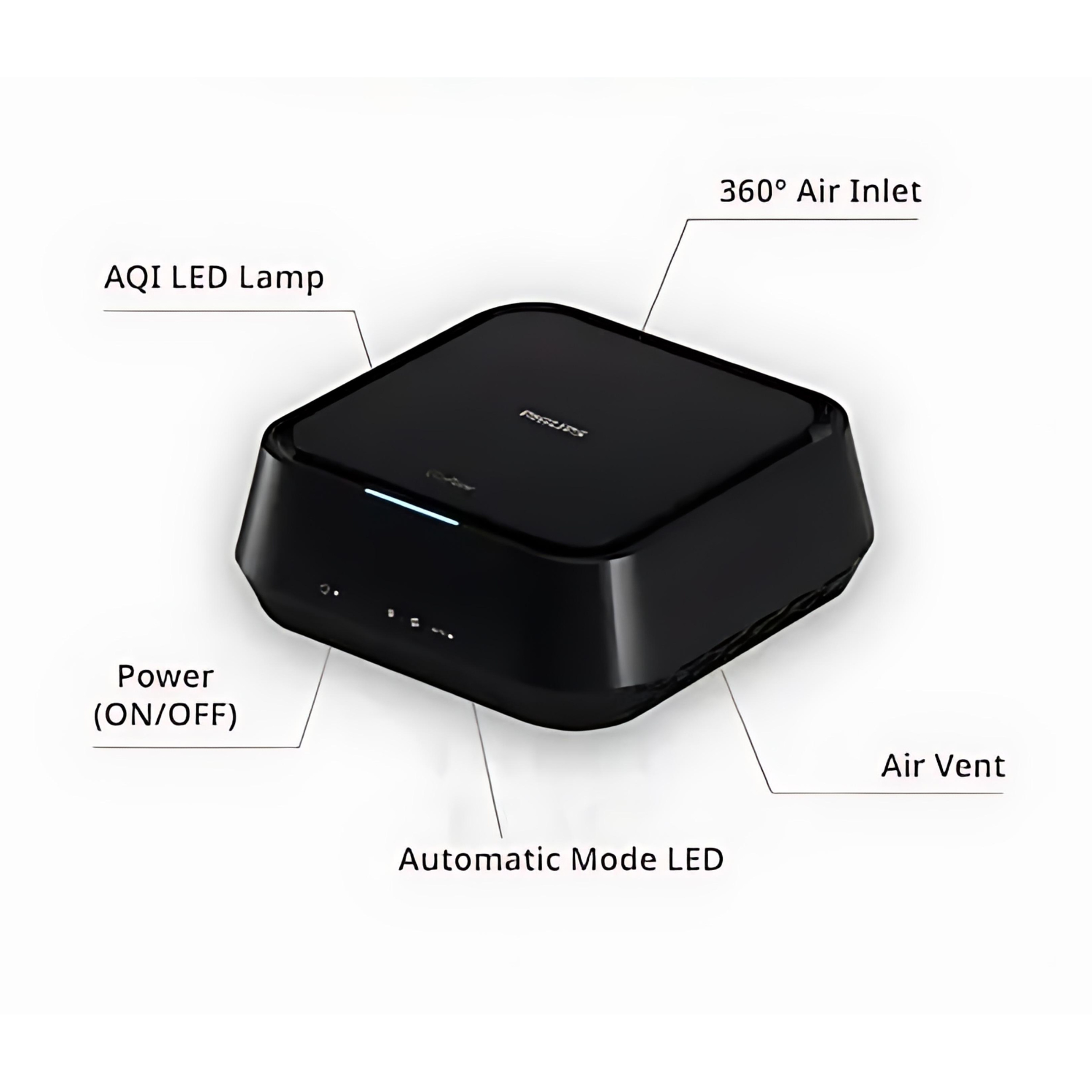 Philips Car Air Purifier 5211 in black showing 360 degree air inlet and AQI LED lamp features