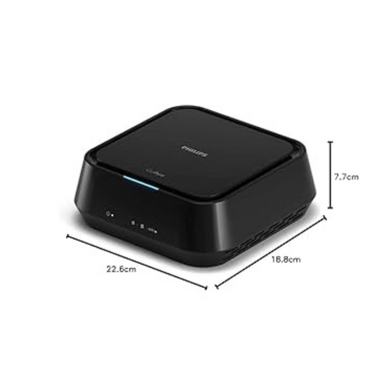 Black Philips Car Air Purifier 5211 with compact design and dimensions shown for in-car air cleaning
