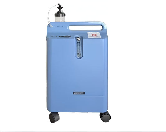 Philips EverFlo 5L Oxygen Concentrator in blue with flow meter and wheels for mobility