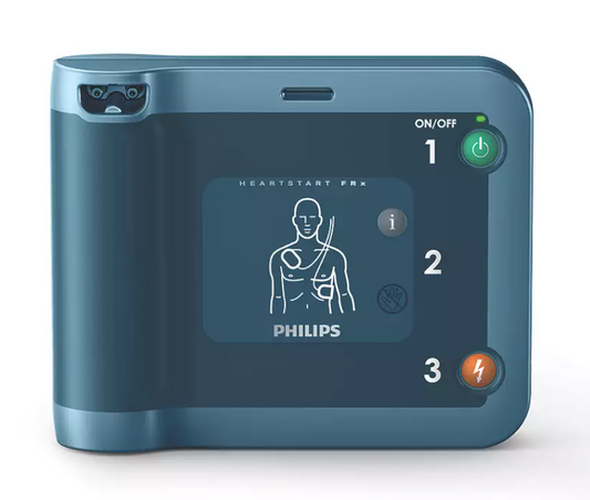 Philips HeartStart FRx AED automated external defibrillator with clear step-by-step instructions