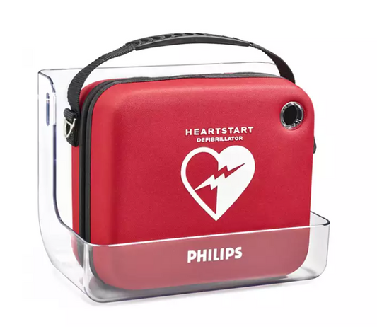 Philips HeartStart HS1 AED red carrying case with heart logo in clear wall mount bracket