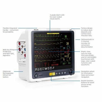 Philips Para Monitor G30 E medical device with color-coded LED alarms and touchscreen display
