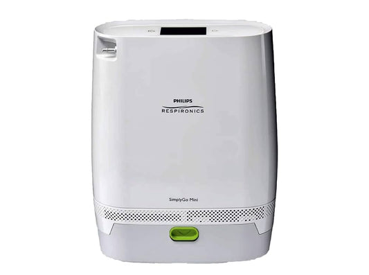 Philips SimplyGo Mini Portable Oxygen Concentrator in white with compact design and user-friendly controls