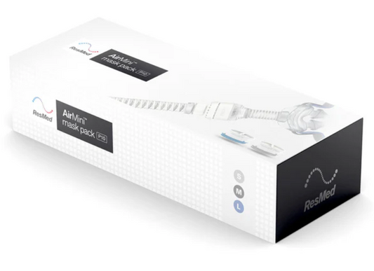 Resmed AirMini N20 Mask Setup Pack in white packaging with mask components and size options small medium large
