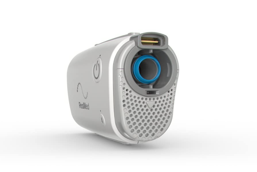 ResMed AirMini Portable Autoset compact white CPAP machine with front air outlet and power button