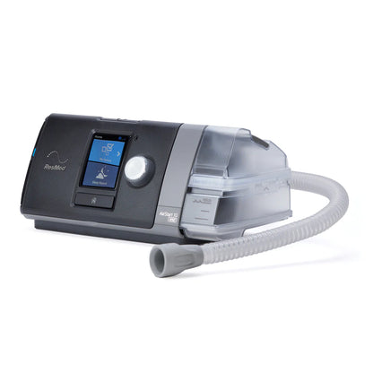 ResMed AirStart 10 CPAP machine with humidifier and flexible hose for sleep apnea therapy
