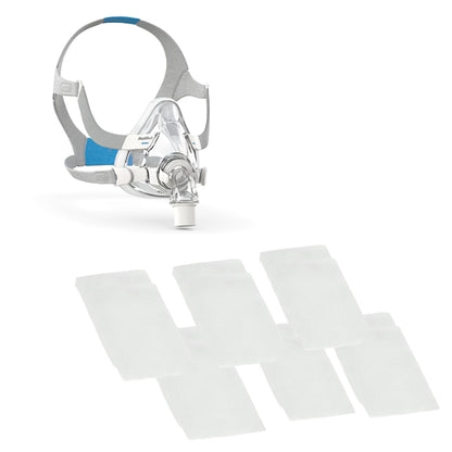 Resmed f20 mask with headgear and six replacement cushions displayed on white background