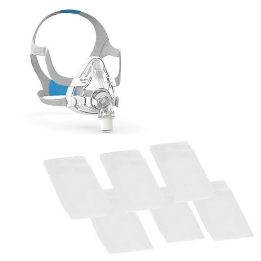 Resmed f20 mask with headgear and six replacement cushions displayed on white background