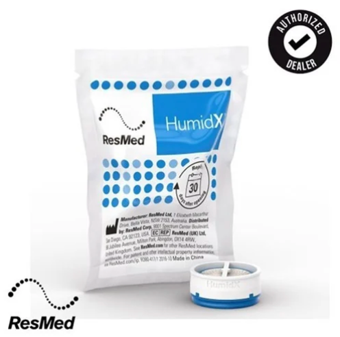 Resmed HumidX Filter package with the filter device displayed next to it for CPAP humidification