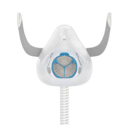 Resmed HumidX Filter installed in a clear CPAP mask showing front view for respiratory therapy