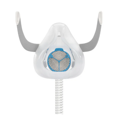 Resmed HumidX Filter installed in a clear CPAP mask showing front view for respiratory therapy