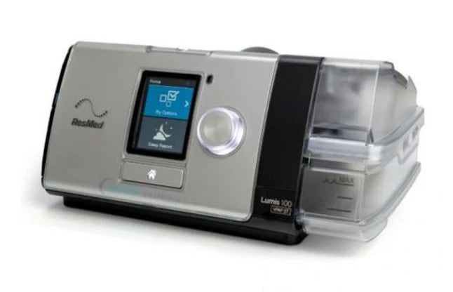 Resmed Lumis 100 VPAP ST BiPAP machine with digital display and humidifier chamber for sleep therapy