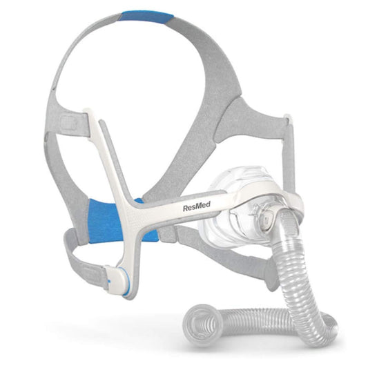 ResMed N20 mask with clear cushion and gray headgear featuring blue padding and attached flexible hose
