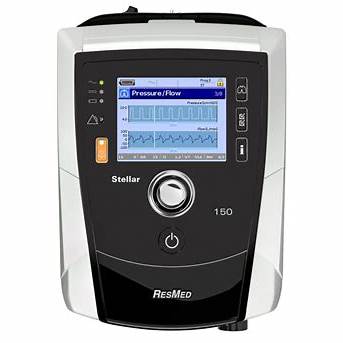 ResMed Stellar 100 Ventilator with digital screen displaying pressure and flow graphs in black and white casing