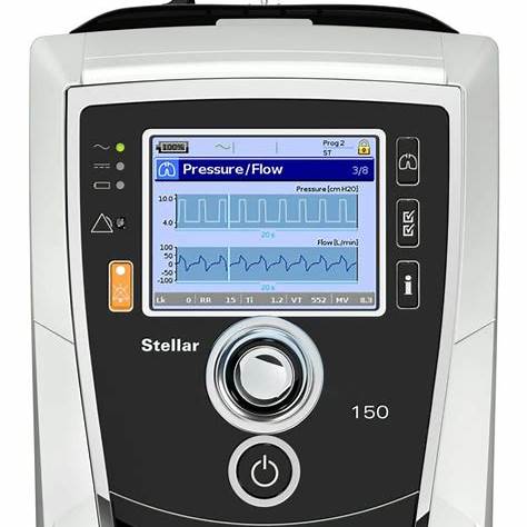 ResMed Stellar 150 ventilator front panel showing pressure flow graph and control buttons