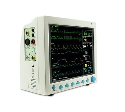 Contec 5 multi-parameter medical monitor displaying vital signs with colorful screen and control buttons