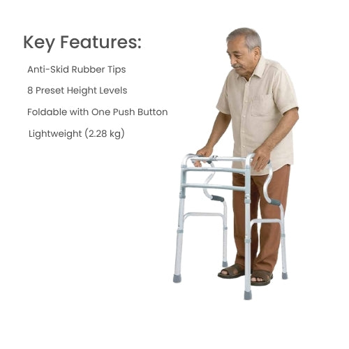 Elderly man using lightweight Step Walker with anti-skid rubber tips and foldable design