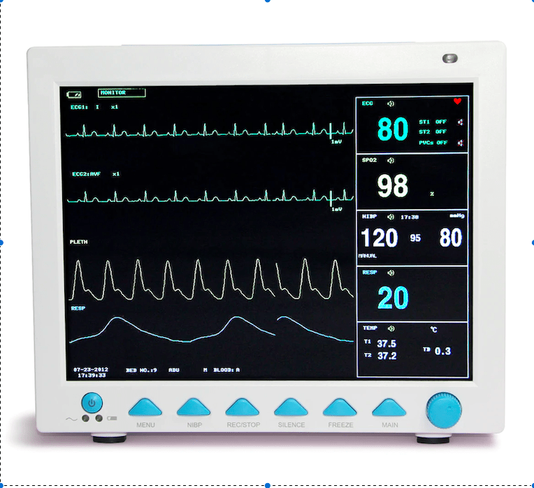 Contec 5 multi-parameter medical monitor displaying ECG, SpO2, NIBP, respiration, and temperature readings